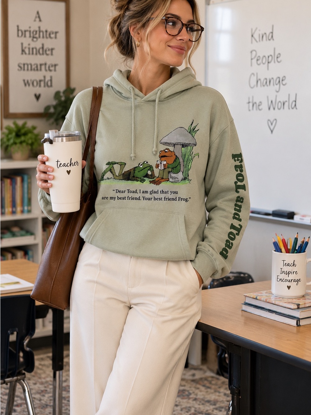 Frog & Toad Sage Green Graphic Hoodie Small Bookish Teacher Sweatshirt